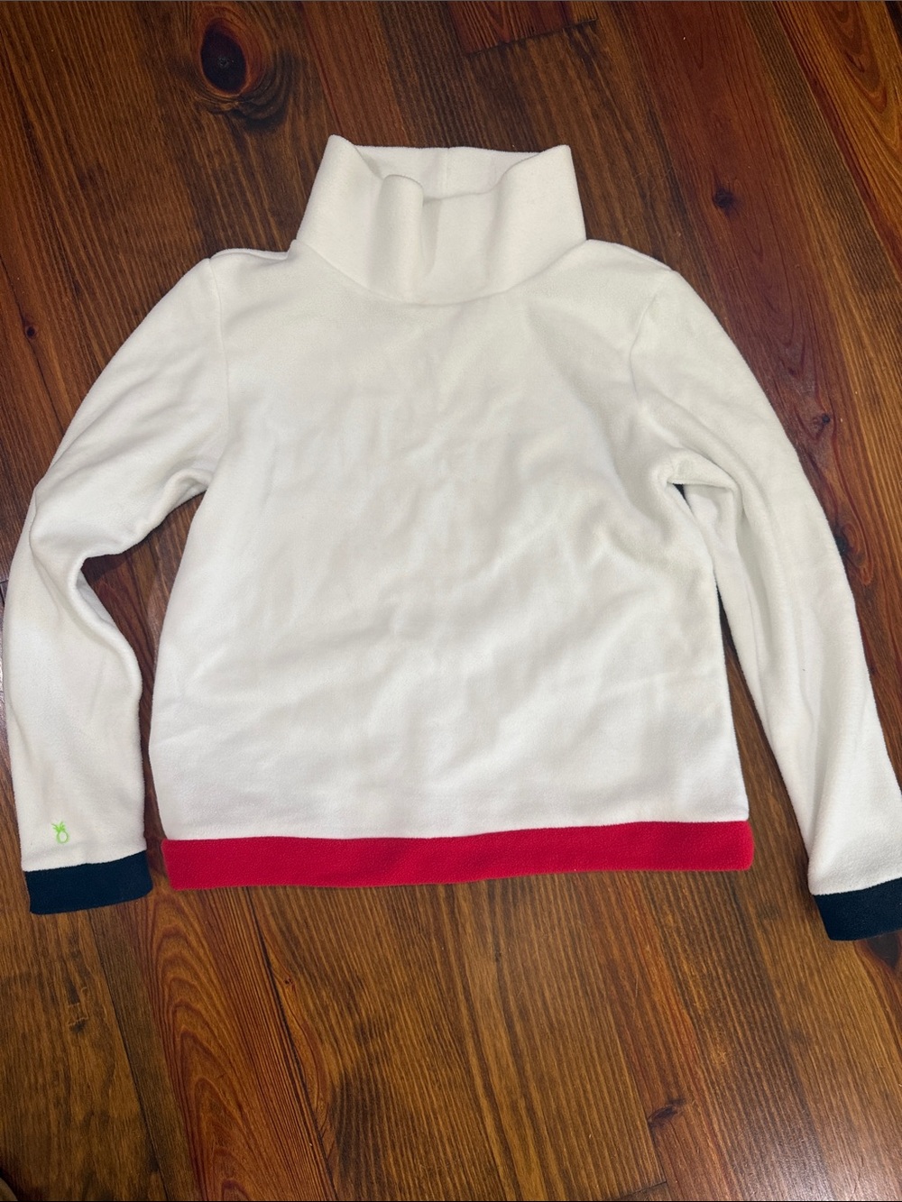 Dudley Stephens White Turtleneck Sweater with Red Hem and Navy Cuffs
